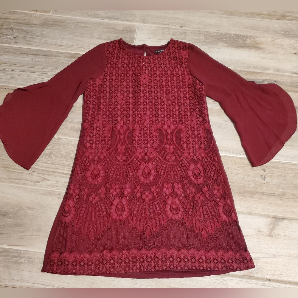 My Michelle Girls Sz 12 Burgundy Lace Dress Bell Sleeve Party Wedding Holiday